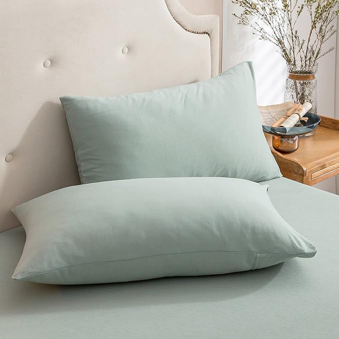 PURE ERA Jersey Knit Pillowcases 100% T-Shirt Cotton Super Soft Comfy Breathable, Set of 2, King 20" x 36", Solid Sage Green