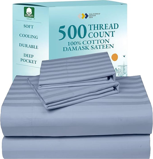 California Design Den - Queen Sheets Set Cotton Soft 100% Cotton Sheets Deep Pockets Snug Fit Elastic, 500 Thread Count Sateen, Damask Stripe Sheets for Bed - Light Blue - Striped