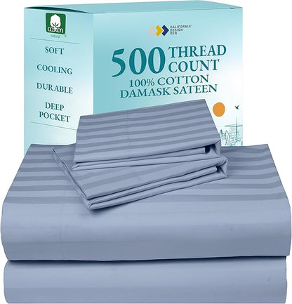 California Design Den - Luxe Full Size Sheet Set Soft 100% Cotton Sheets Deep Pockets Snug Fit Elastic, 500 Thread Count Sateen, Damask Stripe Bed Sheets (Stripe - Light Blue)