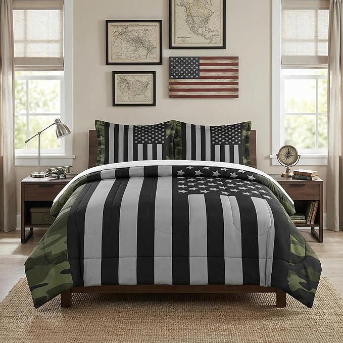 Twin Size Comforter Set with Pillowcase, Black Military Camouflage American Flag Soft 2 Pcs Bedding for Kids and Adults Bedroom Bed Decor