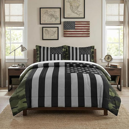 Twin Size Comforter Set with Pillowcase, Black Military Camouflage American Flag Soft 2 Pcs Bedding for Kids and Adults Bedroom Bed Decor