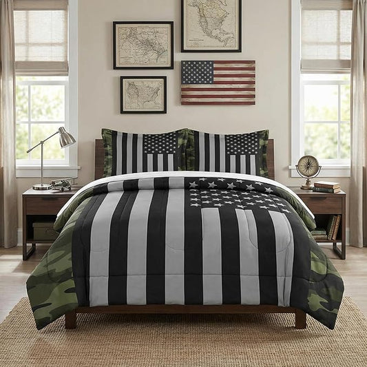 Queen Size Comforter Set with 2 Pillowcases, Black Military Camouflage American Flag Soft 3 Pcs Bedding for Kids and Adults Bedroom Bed Decor