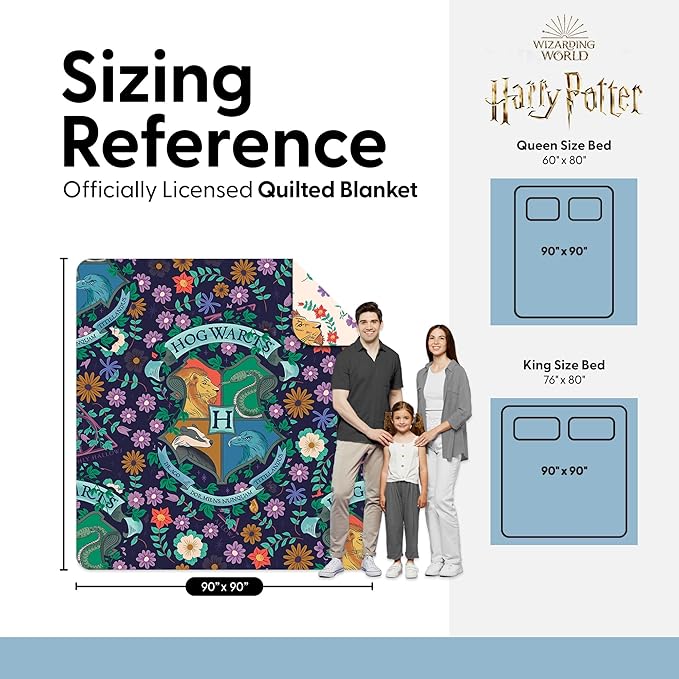 Harry Potter Botanical Crests Full/Queen Quilted Throw Blanket Adults Boys Girls, Soft Lightweight Bedding for Bed, or Couch, 90 x 90 inches