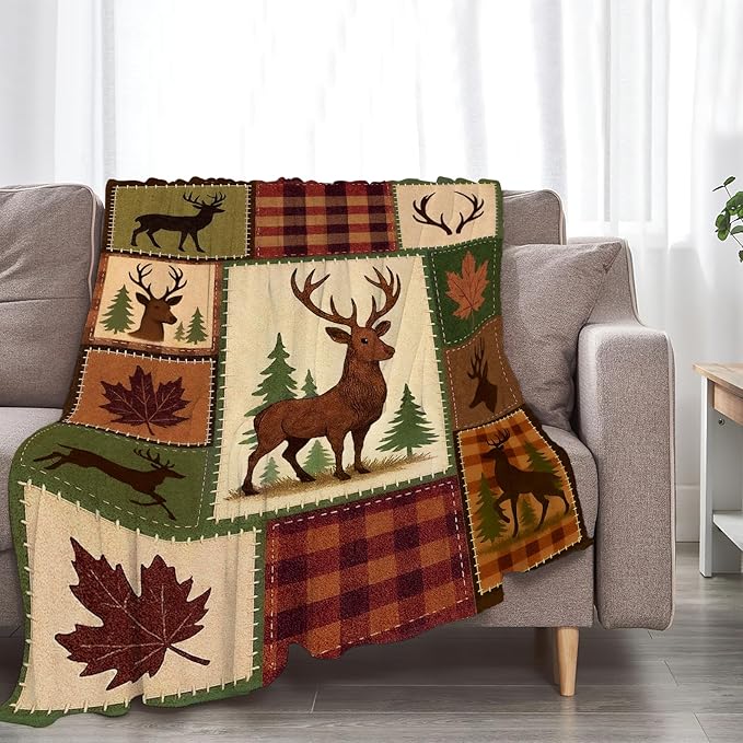 Cabin Deer Blanket Super Soft Warm Fluffy Fleece Flannel Hunter Animal Throw Blanket Cozy Fuzzy Plush Stuff Bedding Blankets Gifts for Women Kids Boys Girls Adults 60"X50"