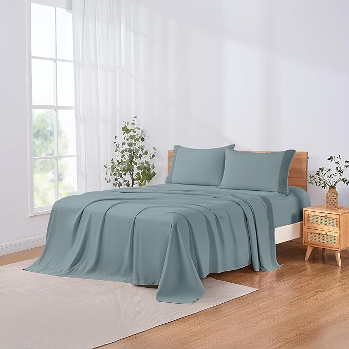 Modern Threads 4 Piece Microfiber Sheet Set – Soft Cooling Bed Sheets with Crochet Lace – Deep Pocket, Wrinkle Free, Breathable, Hotel Luxury Bedding, Slate Teal, California King