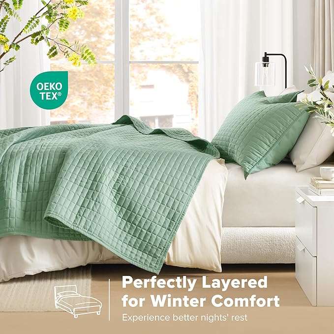 Comfort Spaces Kienna Quilt Set- Double Sided Stitching Design Summer Blanket, Lightweight, Soft, All Season Bedding Layer, Matching Sham, Sage Green, Coverlet Full/Queen(90"x90") 3 Piece