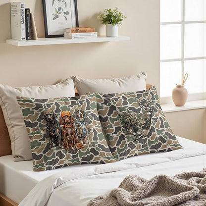 Vintage Camo Labrador Retriever Mallard Deer Duck Throw Pillow Covers 18x18 Set of 2, Dog Hunting Pillowcase, Camouflage Farm Animal Decorative Pillow Covers,Camouflage Wild Animal Decor（88）