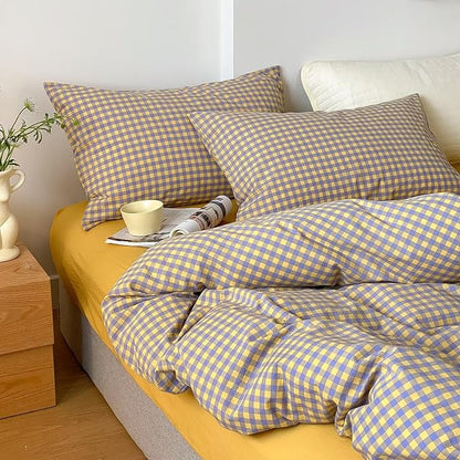 mixinni Yellow/Purple Gingham Comforter Set King, Plaid Comforter Set 3 Pieces 1 Vintage Grid Comfoter with 2 Pillow Cases for All Seasons, Soft Fluffy Modern Grid Pattern Printed Bedding-King Size