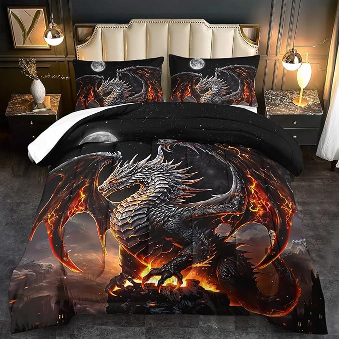 Black Dragon Comforter Set King Adult,Flame Dragon Bedding Set for Boys,Magical Beast Bedding Fantasy Animal Comforter Beedroom Decor,Magical Beast Quilt Bed Decor