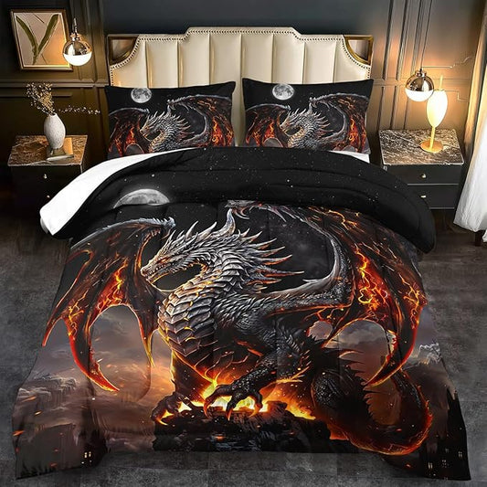 Black Dragon Comforter Set King Adult,Flame Dragon Bedding Set for Boys,Magical Beast Bedding Fantasy Animal Comforter Beedroom Decor,Magical Beast Quilt Bed Decor