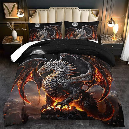 Black Dragon Comforter Set Queen Adult,Flame Dragon Bedding Set for Boys,Magical Beast Bedding Fantasy Animal Comforter Beedroom Decor,Magical Beast Quilt Bed Decor