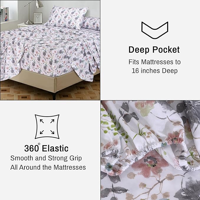 RUVANTI 100% Cotton Sheets – Queen Size Percale Bedding, Cooling & Breathable Floral Design, Durable with a Crisp, Soft & Comfortable Feel, 16" Deep Pocket, 4-Piece Set, Dandelion Field