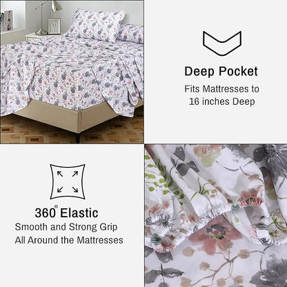 RUVANTI 100% Cotton Sheets – Queen Size Percale Bedding, Cooling & Breathable Floral Design, Durable with a Crisp, Soft & Comfortable Feel, 16" Deep Pocket, 4-Piece Set, Dandelion Field