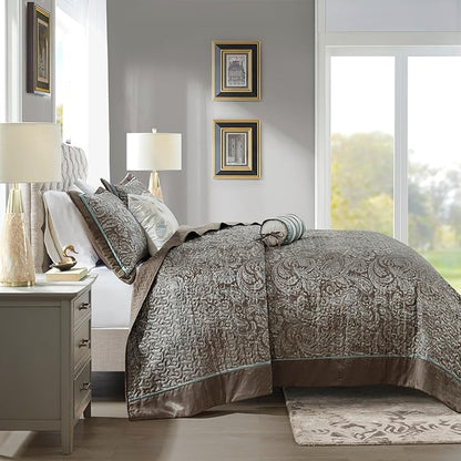 Madison Park Aubrey Reversible Quilted Bedspread Set, Solid Reverse Summer Breathable, Lightweight All Season Bedding Layer, Matching Shams, Bedspread King(120"x118"), Blue 5 Piece