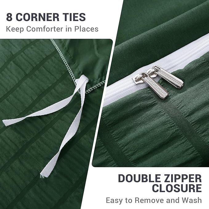 HYMOKEGE Dark Green Duvet Cover Queen Size, Ultra Soft 3-Piece Seersucker Duvet Cover Set with Zipper Closure, Soft Brushed Microfiber Bedding Set with 8 Corner Ties (90"x90", 2 Pillowshams)