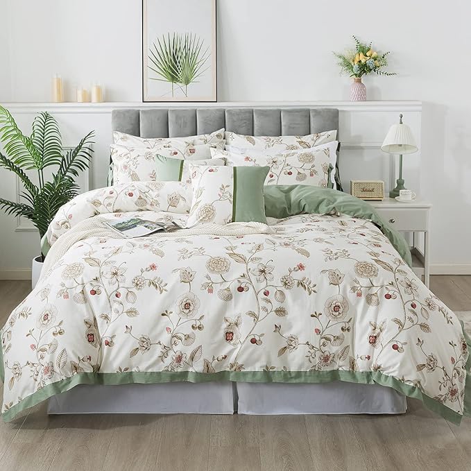FADFAY Floral Bedding Set Full 100% Cotton Shabby and Chic Beige Green Reversible Duvet Cover Vintage Pink Flower Print Bed Covers Luxury Girls Pretty Bowknot Soft Crisp Zipper Comforter Cover 3Pcs
