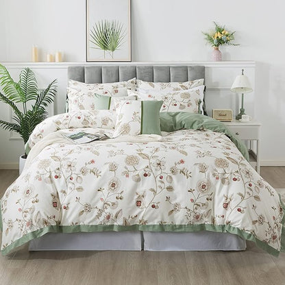 FADFAY Floral Bedding Set King/Cal King 100% Cotton Shabby and Chic Beige Green Reversible Duvet Cover Vintage Pink Flower Print Bed Covers Luxury Pretty Bowknot Soft Crisp Zipper Comforter Cover 3Pc