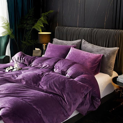 Ivellow Velvet Flannel Duvet Cover Set King Size Purple Duvet Ultra Soft Breathable Cozy Velour Luxury Bedding Set Zipper Closure Corner Ties