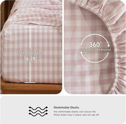 MooMee Gingham Sheet Set 100% Washed Cotton Linen Like Textured Breathable Soft w/Fully Elasticized 16-19" Deep Pocket (Classic Gingham Greyish Pink, King)