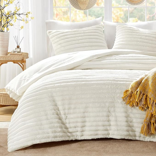 Intelligent Design King Comforter Set, Plush Bedding, Microfiber Reverse, 3 Piece, Lightweight, Super Soft Ribbed Velvet Comforter 2 Shams, All Season Fluffy Bed Set, Avril, King/Cal King Ivory