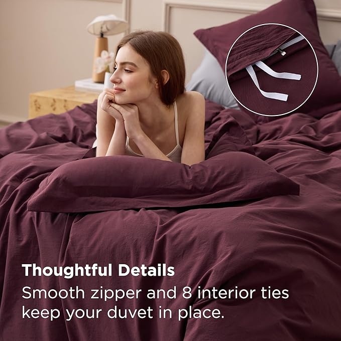 Bedsure 100% Washed Cotton Duvet Cover King Size - Burgundy Minimalist Bedding Set Linen Like - PureWoven Plain Simple & Soft Comforter Cover for All Seasons (Burgundy, King, 104"x90")