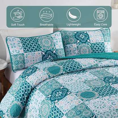 Dobuyly Teal Quilt Set King Size, Boho Turquoise Plaid Patchwork Bedspreads Coverlet Set, 3 Pieces Soft Lightweight Microfiber Bohemian Quilt Bedding Set for All Seasons 110"x90"