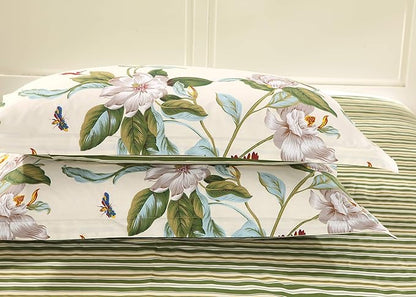 FADFAY Floral Duvet Cover Set 100% Cotton Green and Beige Striped Dorm Room College Branches Botanical Printed Reversible Zipper Comforter Cover & 2 Pillowcases，Twin XL