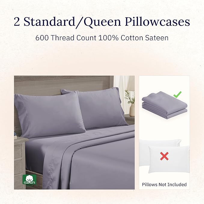 Luxuriously Soft Premium 600 Thread Count, 100% Cotton Set of 2 Cases, Crisp Pillows Cases Queen Size Set of 2 Fits Standard & Queen Pillows (Lavender)