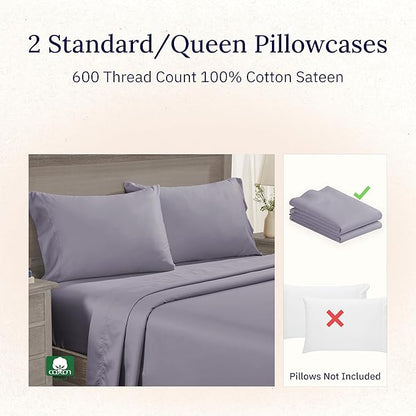 Luxuriously Soft Premium 600 Thread Count, 100% Cotton Set of 2 Cases, Crisp Pillows Cases Queen Size Set of 2 Fits Standard & Queen Pillows (Lavender)