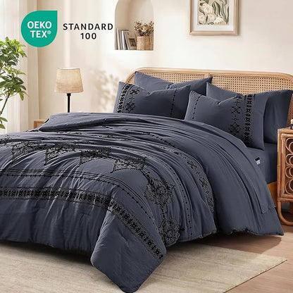 MaiRêve King Size Comforter Set Crown Blue, Embroidery Floral Western Boho Bedding Set, All Season 7 Pieces Bed in a Bag with Sheets, Pillowcases & Shams