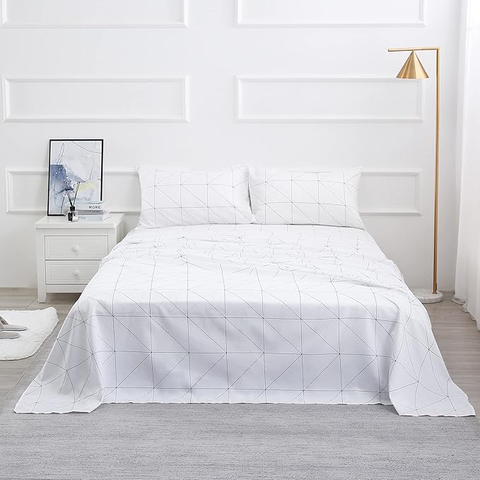 Best Season Bed Sheet Set 4 Pieces -Full Size-Soft Durable Microfiber Bedding Sheet Set,Deep Pocket,Stain,Fade & Wrinkle Resistant(Geometric White)