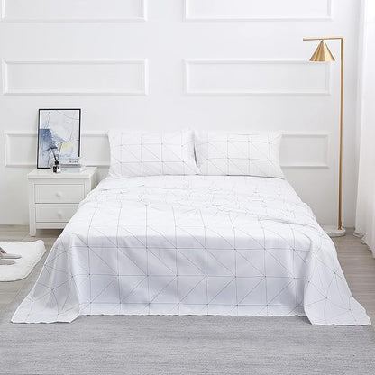 Best Season Bed Sheet Set 4 Pieces -Full Size-Soft Durable Microfiber Bedding Sheet Set,Deep Pocket,Stain,Fade & Wrinkle Resistant(Geometric White)