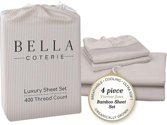 Bella Coterie Luxury Bamboo Viscose Queen Size Sheet Set | 100% Organically Grown | Ultra Soft | Cooling for Hot Sleepers | 18" Deep Pocket [Striped Dune]