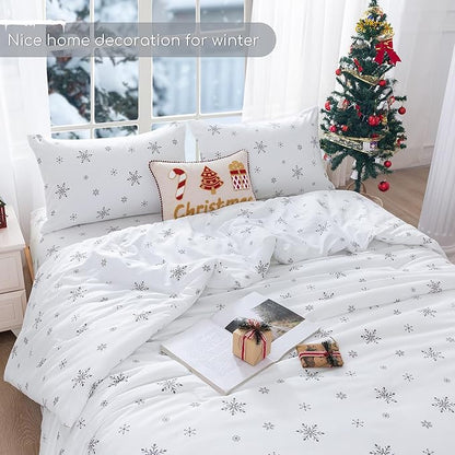 COTTEBED Snowflakes Christmas Comforter Queen, Snow White Warm Winter Comforter Sets Full Size Bedding Down Alternative with Pillowsham, Super Soft Cozy Brushed Lightweight but Warmth Polycotton Gift