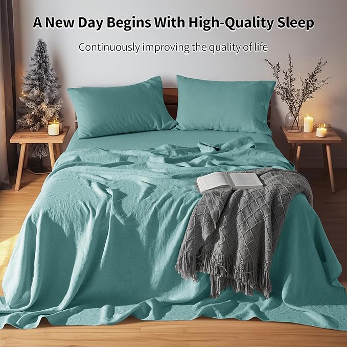 LBRO2M 100% Pure Linen Sheet Set Deep Pocket Up to 16" Bed Sheets Sets, Natural Flax Beddings Soft, Breathable, Comfortable for All Seasons 4 Pcs Sheet Set California King Size, Aqua