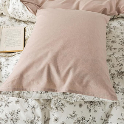Zusbest 100% Cotton Tan Floral Pillowcases Standard Size Set of 2, 19''×29'', Queen Size Beige Vintage Toile Flower Printed Pillow Covers Soft Envelope Queen Pillowcase Protectors