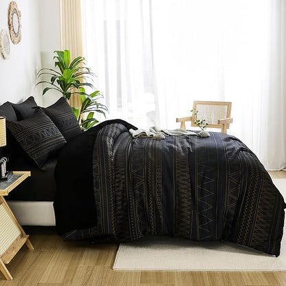 WONGS BEDDING Queen Comforter Set 7 Pieces, Boho Black Gold Geometric Striped Comforter for Queen Bed in a Bag, Soft Microfiber Bedding Set with Pillowcases, Flat Sheet, Fitted Sheet, Pillow Shams