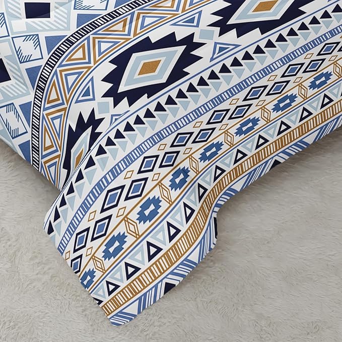 Native American Stripe Comforter Set Full Size Blue Southwestern Bedding Sets 3PCS for Kids Teen Adult Room Decor Ultra-Soft Lightweight Microfiber 1 Comforter with 2 Pillowcases
