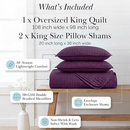 Southshore Fine Living, Inc. Oversized King Quilt Bedding Set, Soft Brushed Microfiber, Stain and Pet Hair Resistant Bedding, California/King Size Quilt Coverlet Bedspread Set w/2 Shams, Purple