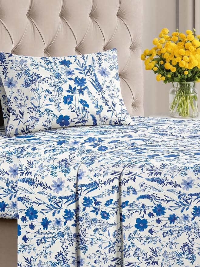 Floral Sheets - White & Blue Bed Sheet Set - 1 Flat, 1 Fitted & 1 Pillowcase w/ Deep Pockets - Comfy, Cozy, Wrinkle & Fade Free - Boho Botanical Bedding - Soft, Breathable & Cooling - Twin Size Set