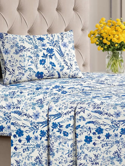 Floral Sheets - White & Blue Bed Sheet Set - 1 Flat, 1 Fitted & 1 Pillowcase w/ Deep Pockets - Comfy, Cozy, Wrinkle & Fade Free - Boho Botanical Bedding - Soft, Breathable & Cooling - Twin XL Size Set