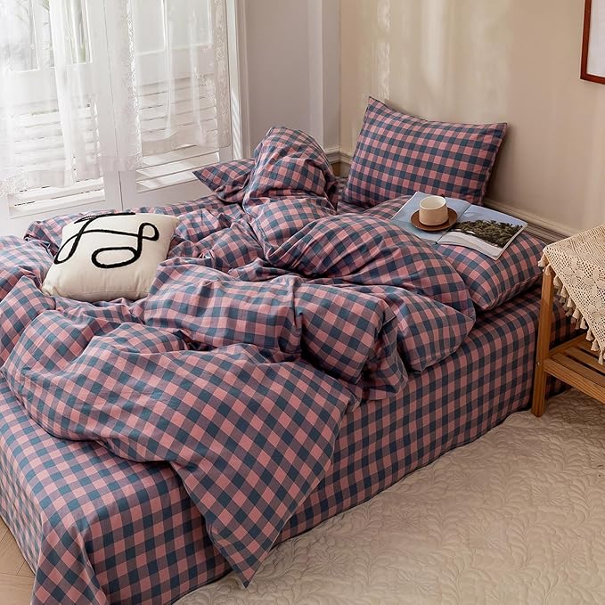 HighBuy Full Size Comforter Set Purple Gingham Bedding Set 3 Pieces for All Season,Modern Chic Plaid Checkered Pattern Comforter Set Breathable Fluffy,Plaid Grid Comforter with 2 Pillowcases
