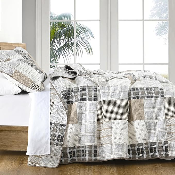 PANGUSHAN 100% Cotton Quilt Set Queen Size, Queen Size Farmhouse Plaid Patchwork Reversible Rustic Quilt Bedding Set Quilted Bedspread Lightweight Comforter for Queen Bed, 3pcs, Gray/Cream/Beige