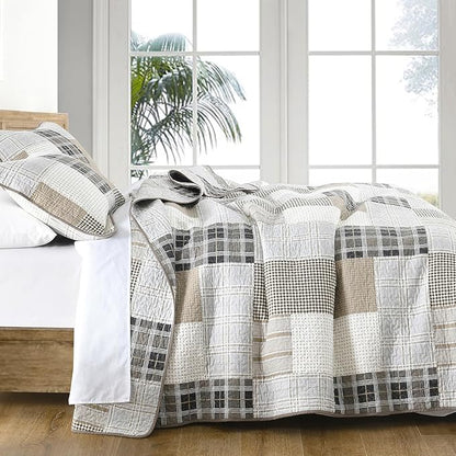 PANGUSHAN 100% Cotton Quilt Set King Size, King Size Farmhouse Plaid Patchwork Reversible Rustic Quilt Bedding Set Quilted Bedspread Lightweight Comforter for King Bed, 3pcs, Gray/Cream/Beige