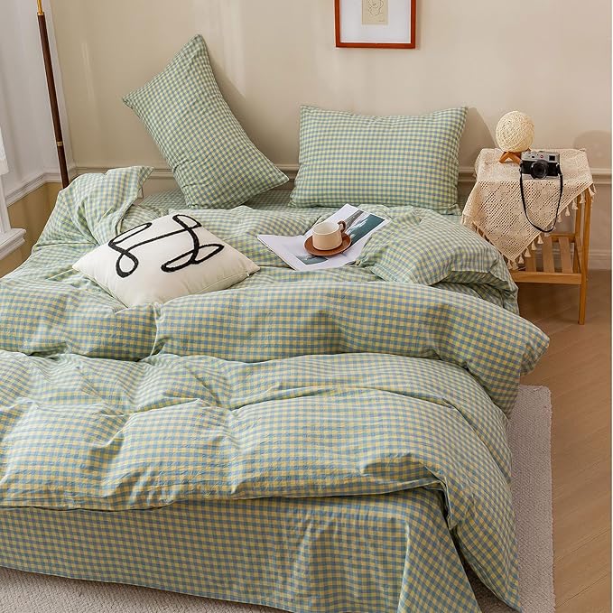 HighBuy Green Blue Gingham Comforter Set Full Vintage Boho Plaid Grid Pattern Comforter for Men Boy Teen Chic Checkered Printed Gingham Bedding Fluffy Soft Comforter Set for All Season