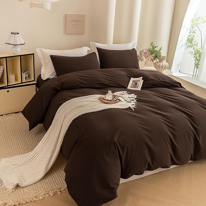 ECOCOTT Duvet Cover King Size -100% Washed Cotton Linen Like Textured Breathable Durable Soft Comfy Bedding Set with Zipper Closure & Corner Ties (Cocoa Brown, 104"x90")