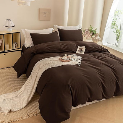 ECOCOTT Duvet Cover Queen Size -100% Washed Cotton Linen Like Textured Breathable Durable Soft Comfy Bedding Set with Zipper Closure & Corner Ties (Cocoa Brown, 90"x90")