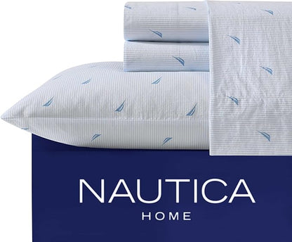 Nautica - Queen Sheets, Cotton Percale Bedding Set, Casual Bedding Set (Boat Stripe Pale Blue, Queen)