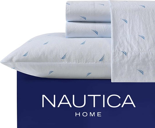 Nautica - Queen Sheets, Cotton Percale Bedding Set, Casual Bedding Set (Boat Stripe Pale Blue, Queen)