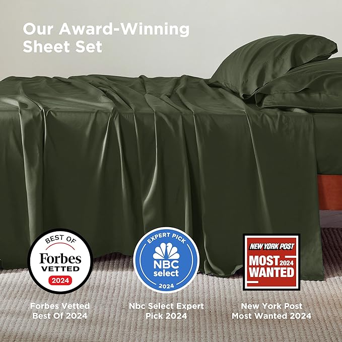 Bedsure California King Sheet Sets, Cooling Sheets, Rayon Derived from Bamboo, PureWoven, Breathable & Soft, Deep Pocket Up to 16 Inches, Hotel Luxury Silky Bedding for Hot Sleepers, Olive Green